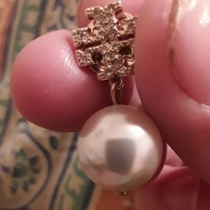 Pair of tory Burch gold crystal pearl earrings